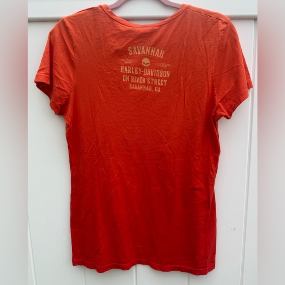 Harley-Davidson Women's Orange V-Neck Top, Size Medium. From Savannah, Ga. - Picture 4 of 5